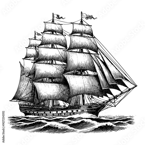 Retro ship engraving sketch engraving black and white outline. Scratch board imitation.  illustrated in vintage line art style on a white background.