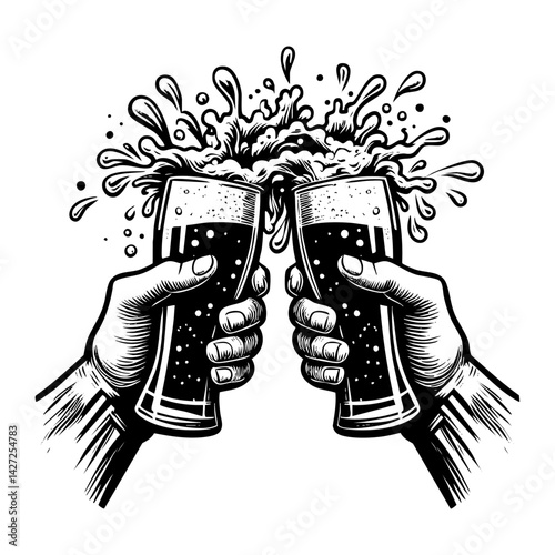 two glass of beer full of foam engraving black and white outline. Scratch board imitation.