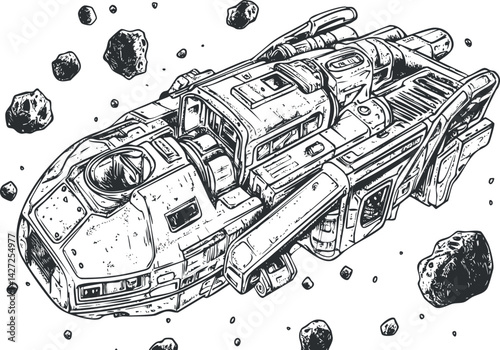 Detailed illustration of a futuristic spaceship traveling through an asteroid field in space.