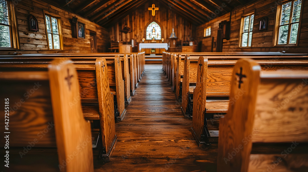 Rustic Wooden Church Interior with Rows of Empty Pew Seats Rustic Wooden Church Interior with Rows of Empty Pew Seats
