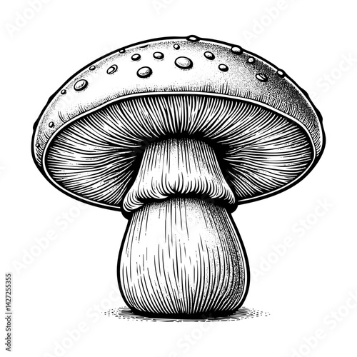 mushroom engraving black and white outline. Scratch board imitation.