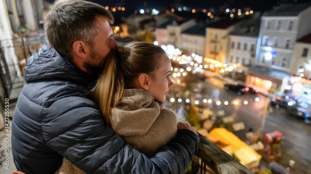 Romantic couple embracing on balcony at night overlooking city streets with blurred lights