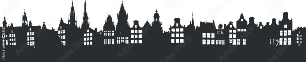 A black silhouette of a city skyline featuring various architectural styles and buildings.