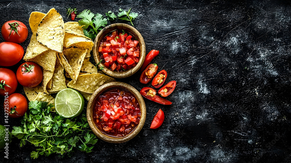 Fresh Salsa and Tortilla Chips with Tomatoes and Lime on Dark Surface Fresh Salsa and Tortilla Chips with Tomatoes and Lime on Dark Surface