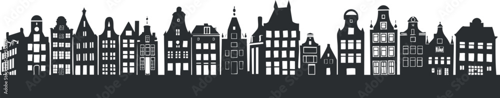 A stylized silhouette of a city skyline featuring various architectural styles and buildings.