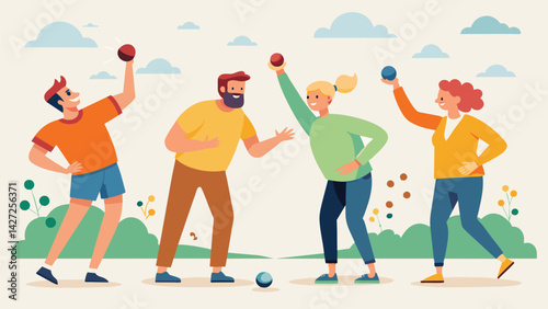 A group of tourists tries their hand at petanque for the first time excitedly cheering on each others throws.. Vector illustration
