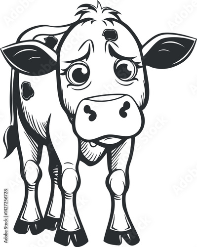 A cute cartoon illustration of a young cow with big eyes and a friendly expression