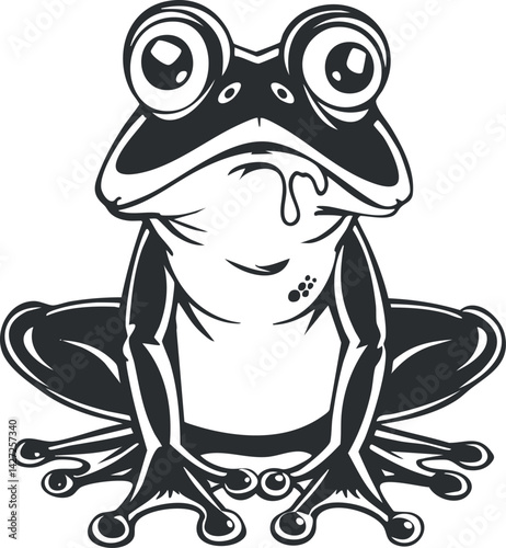 A whimsical black and white illustration of a cartoon frog with large eyes and a playful expression.