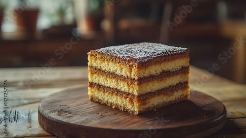 Delicious Classic Layered Cake on Wooden Platter in Natural Light