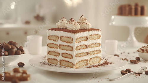 Delicious Tiramisu Cake with Cream and Cocoa Powder on Table
