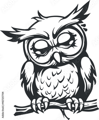 A stylized black and white illustration of a wise owl perched with distinctive features.