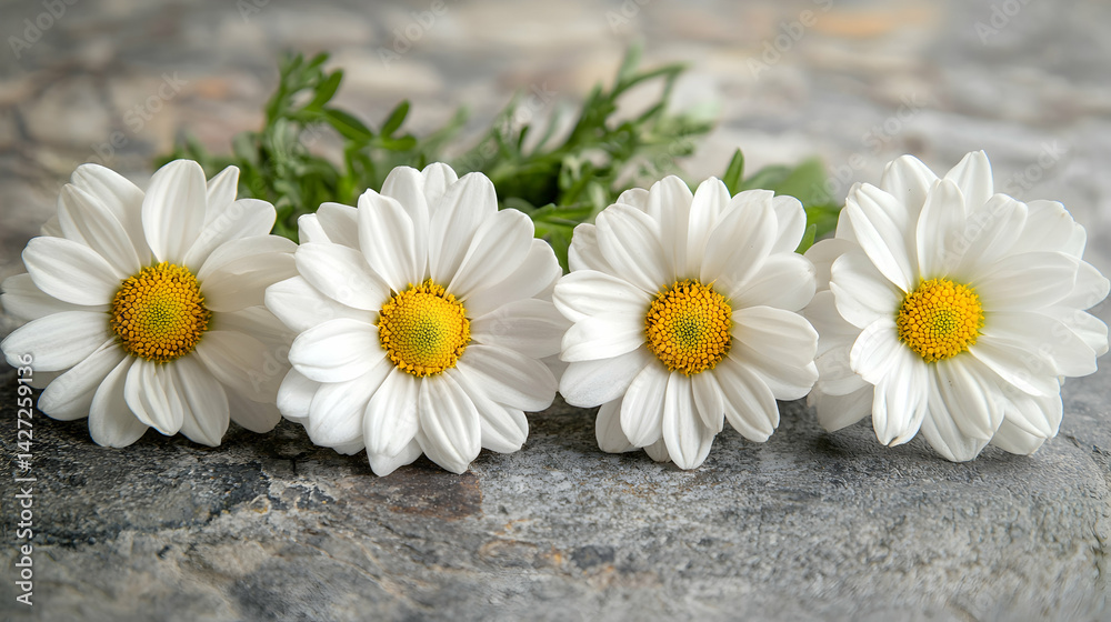 Obraz premium Fresh White Daisies with Yellow Centers on Rustic Stone Background