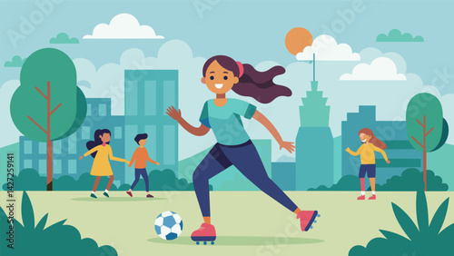 In a busy urban park a teenage girl impressively juggles a soccer ball while rollerblading effortlessly weaving through passersby.. Vector illustration