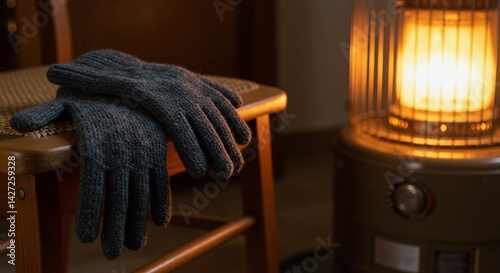 Gloves on a chair near a kerosene heater creating a cozy and warm indoor winter atmosphere