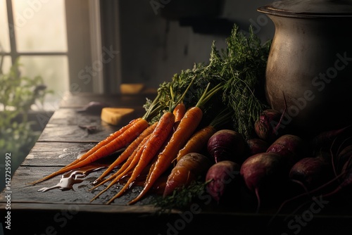Fresh organic carrots and radishes on a rustic wooden table with natural light filtering through a window.