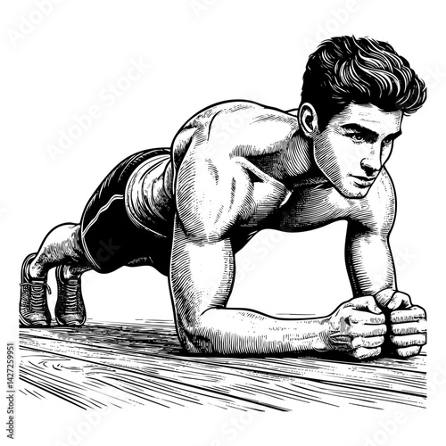 Man push up engraving black and white outline. Scratch board imitation.  illustrated in vintage line art style on a white background.