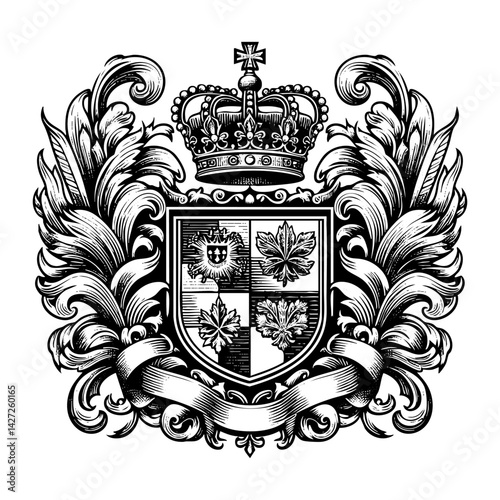 Heraldic emblem sketch engraving black and white outline. Scratch board imitation.  illustrated in vintage line art style on a white background.