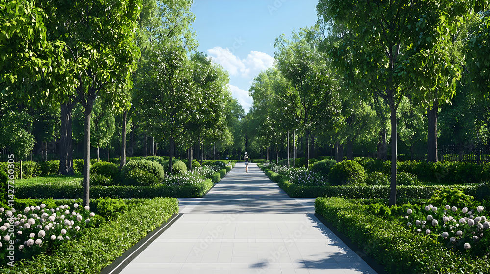 Fototapeta premium Park Pathway With Trees And Flowers On Sunny Day