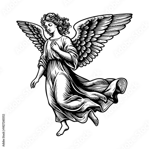 flying angel engraving black and white outline. Scratch board imitation.