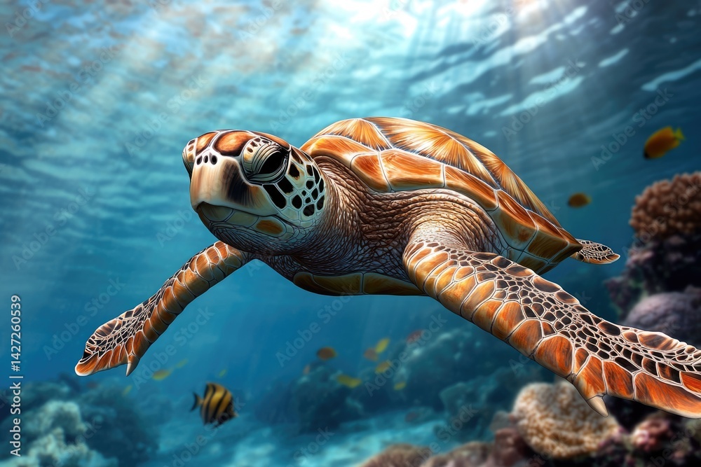 Fototapeta premium Turtle in nature - slow reptile, shell creature, aquatic wanderer, peaceful mover, ancient species, gentle swimmer, coastal dweller, steady traveler, marine being, quiet observer.