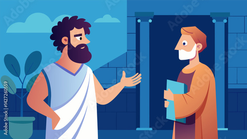 A wealthy Roman merchant invites a Stoic philosopher to his home for a private discussion on the concept of selfcontrol and its impact on success.. Vector illustration
