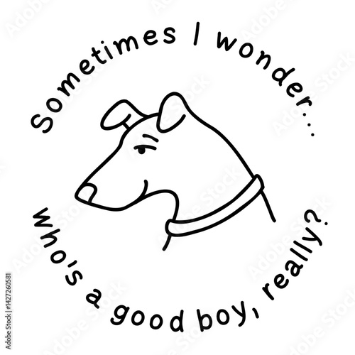 Cute dog with expressive eyes. Black and white doodle vector illustration with text. Hand drawn in a minimalistic, cartoonish line art style. Perfect for pet-themed designs, prints, and stickers