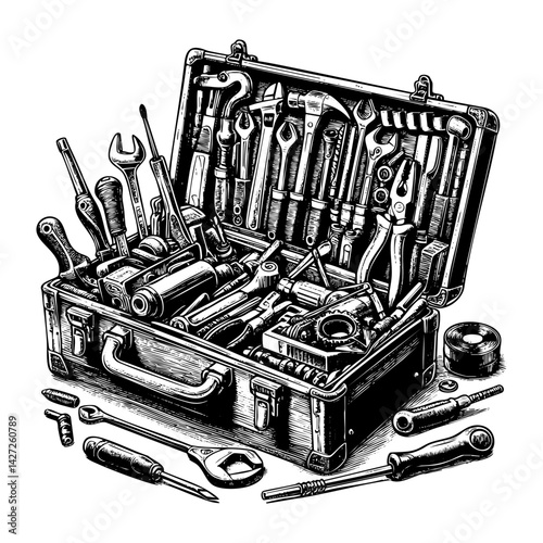 Toolbox sketch engraving black and white outline. Scratch board imitation.