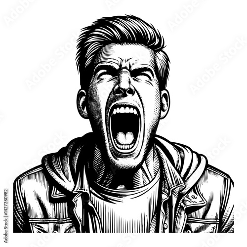 Man scream sketch engraving black and white outline. Scratch board imitation.
