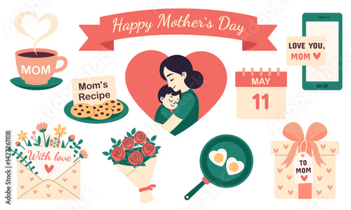 Flat style sticker collection dedicated to Mother's Day. Includes heartwarming icons like happy hugs, flowers, gifts, recipes, and messages of love.