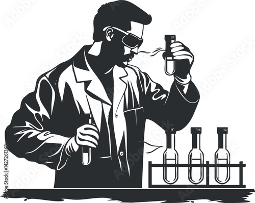 Illustration of a scientist conducting experiments in a laboratory with test tubes and equipment.