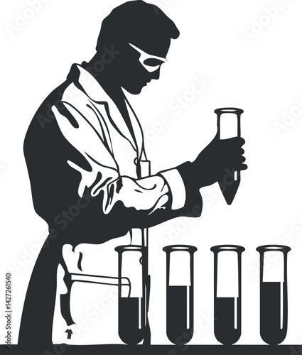 Scientist conducting experiments in a laboratory with test tubes and glassware.