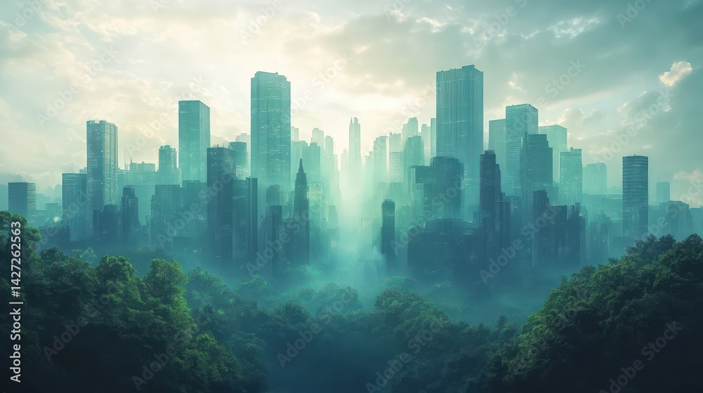 Obraz premium Misty city skyline, reclaimed by nature. Lush green foliage surrounds a hazy urban landscape, blending the past and future in a tranquil scene