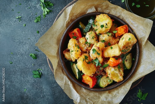 A vibrant bowl of crispy vegetables and battered shrimp, garnished with fresh herbs.