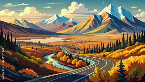 Very beautiful Denali highway winding through the alaskan tundra in autumn