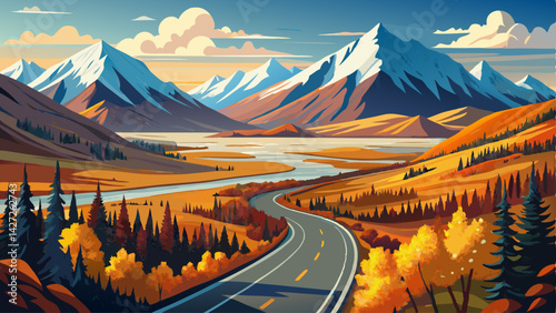 Very beautiful Denali highway winding through the alaskan tundra in autumn