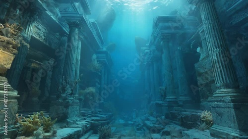 Ruins of ancient architecture underwater with columns and stone structures overgrown with coral and plants in a blue ocean environment