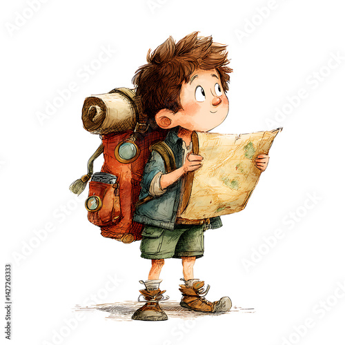 Fotografija Adventurer boy with backpack and treasure map