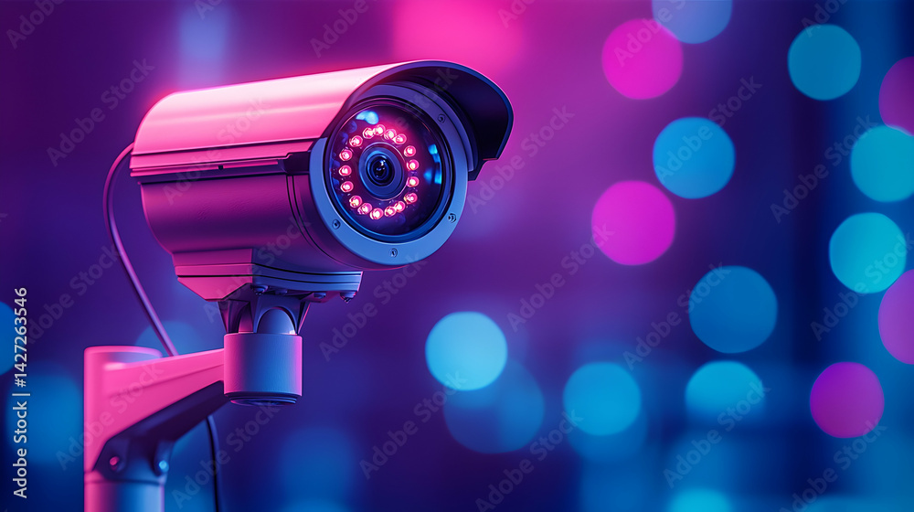 Modern Security Camera with Neon Lights and Bokeh Background Modern Security Camera with Neon Lights and Bokeh Background