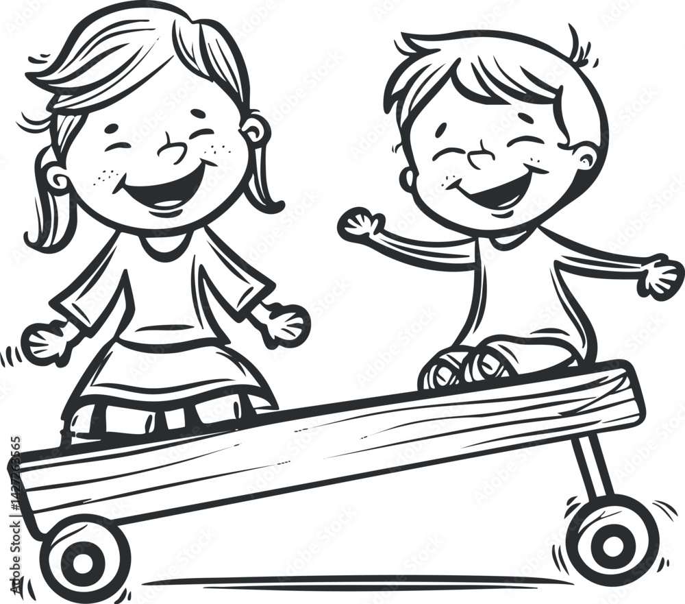 Two happy children playing together on a cart, showcasing joy and friendship in a playful setting. Two happy children playing together on a cart, showcasing joy and friendship in a playful setting.