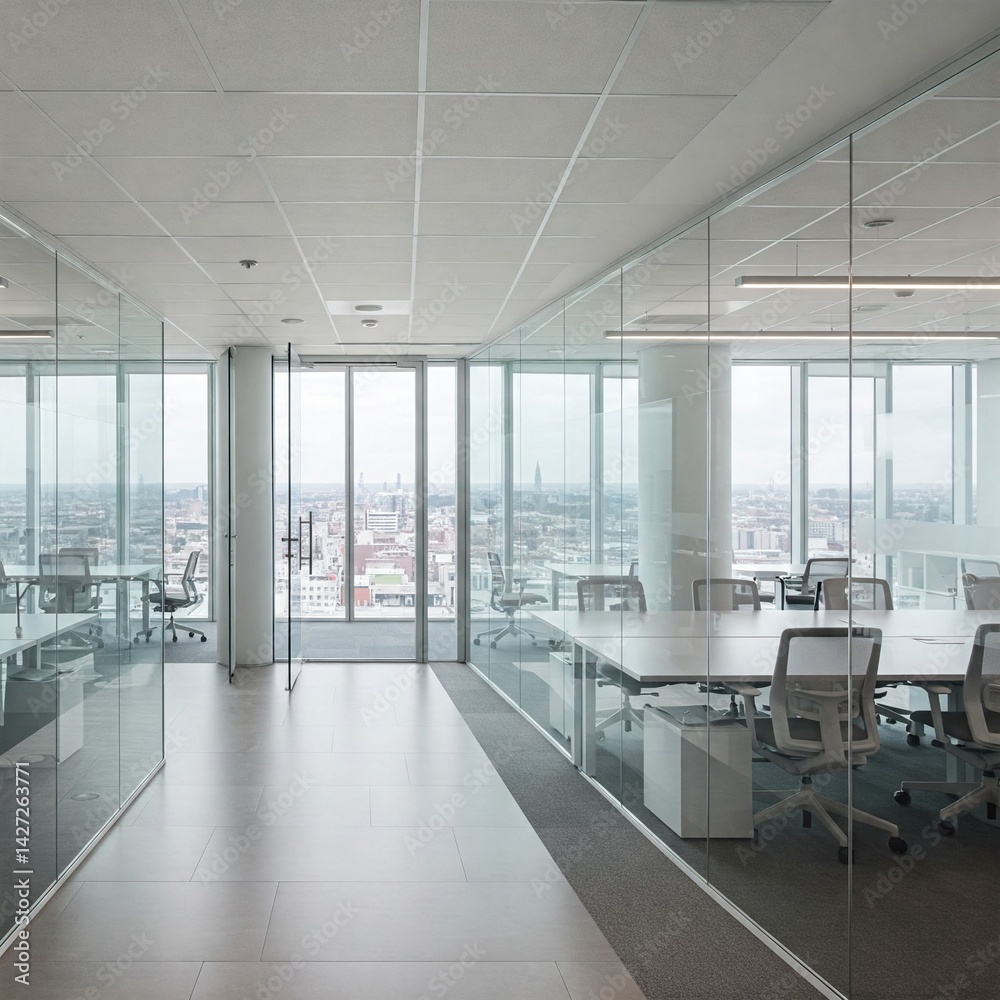 Fototapeta premium Modern Office Interior Blurred Copy Space with Panoramic Windows