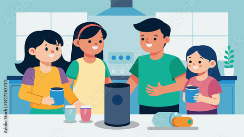 A group of siblings gather around a voiceactivated device in the kitchen competing to see who can list off the most household tasks for it to. Vector illustration
