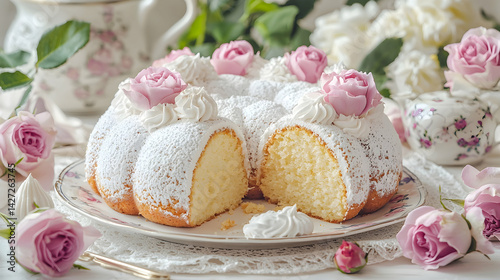 Floral Dessert Display with Bundt Cake and Pink Roses Accents