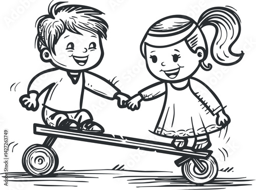 Two cheerful children playing together on a skateboard in a playful outdoor setting
