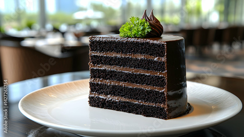 Delicious Chocolate Layer Cake Slice on a Plate in Elegant Setting
