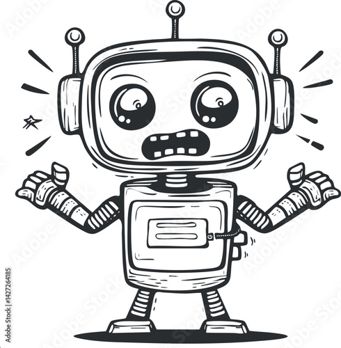 A playful cartoon robot character with a surprised expression and raised hands in a whimsical style.