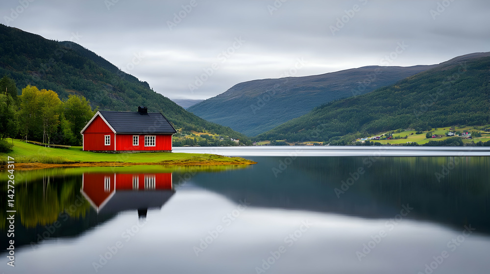 Fototapeta premium Red House Reflecting on Calm Mountain Lake