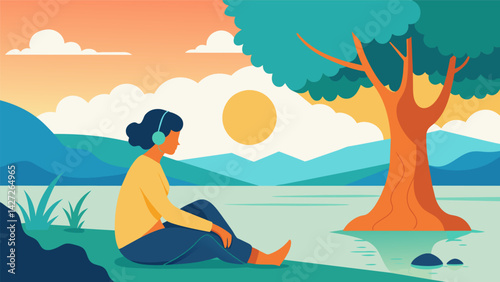 A person sitting under a tree listening to the soothing sound of a nearby river and feeling the warmth of the sun on their skin.. Vector illustration
