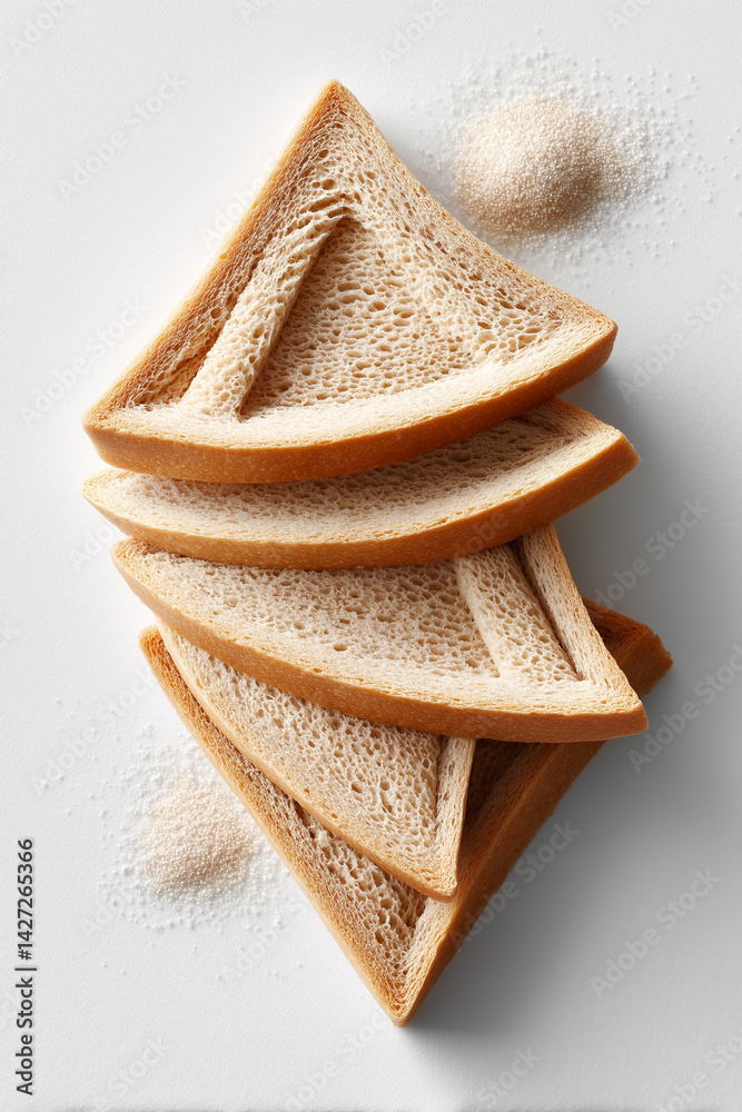 Slices of soft spelt bread arranged in a fan shape on a clean white background, highlighting minimalist design. Concept of bakery, health food, natural ingredients