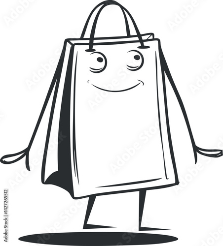 A cheerful cartoon shopping bag character with a smile, representing retail and consumerism.