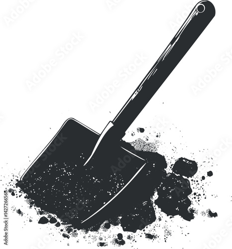A black and white illustration of a shovel resting on a pile of dirt.